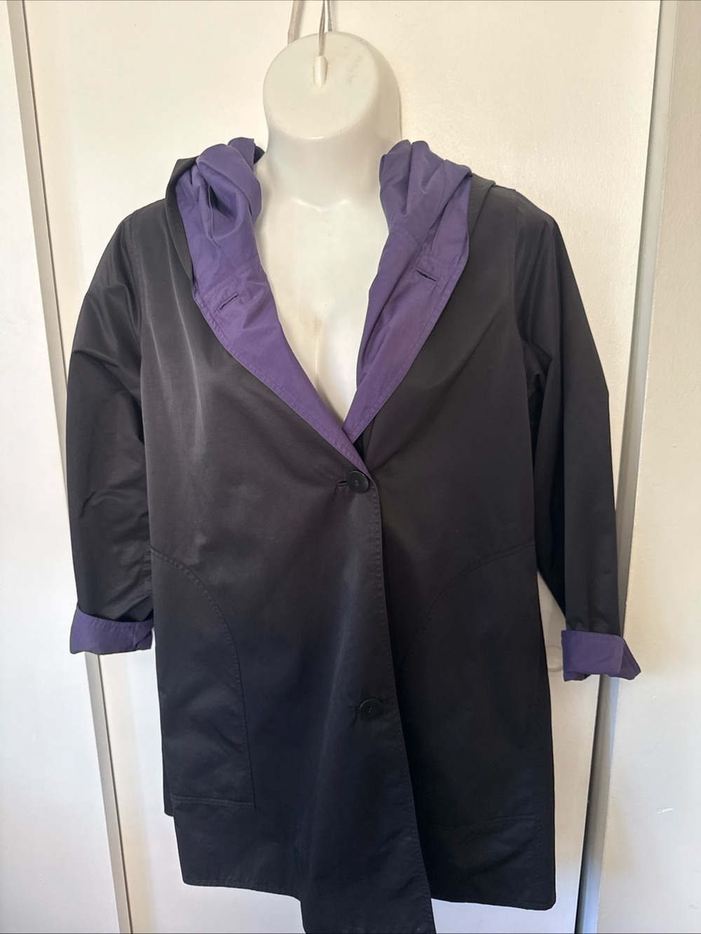 Eileen Fisher Organic Cotton Nylon Reversible Hooded Jacket Black/Purple